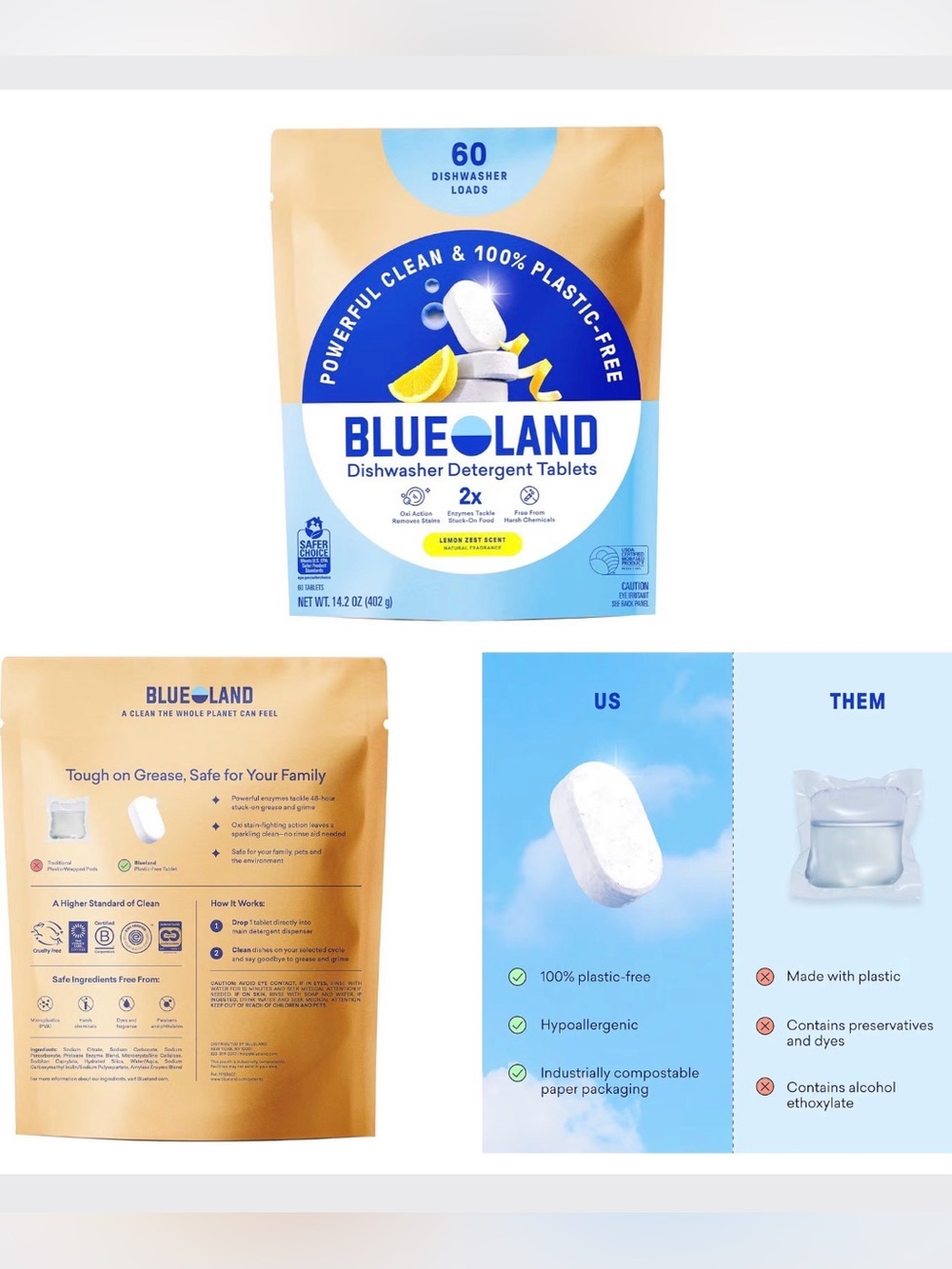 Blue Land Dishwasher Detergent Tablets - Lemon Scent